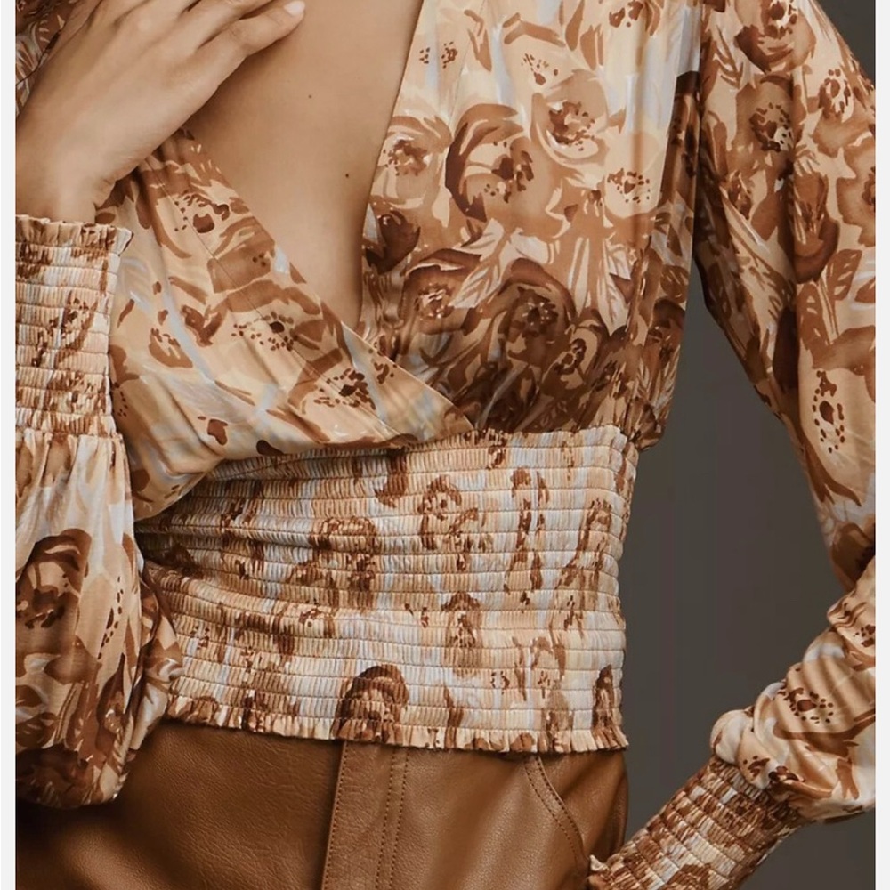 Anthropologie Smocked Waist Floral Print V-Neck Blouse - Tan, Terracotta, Blush